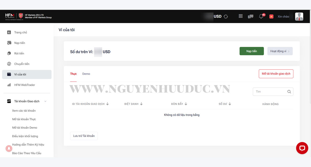 Giao diện Dashboard giao dịch sàn HFM