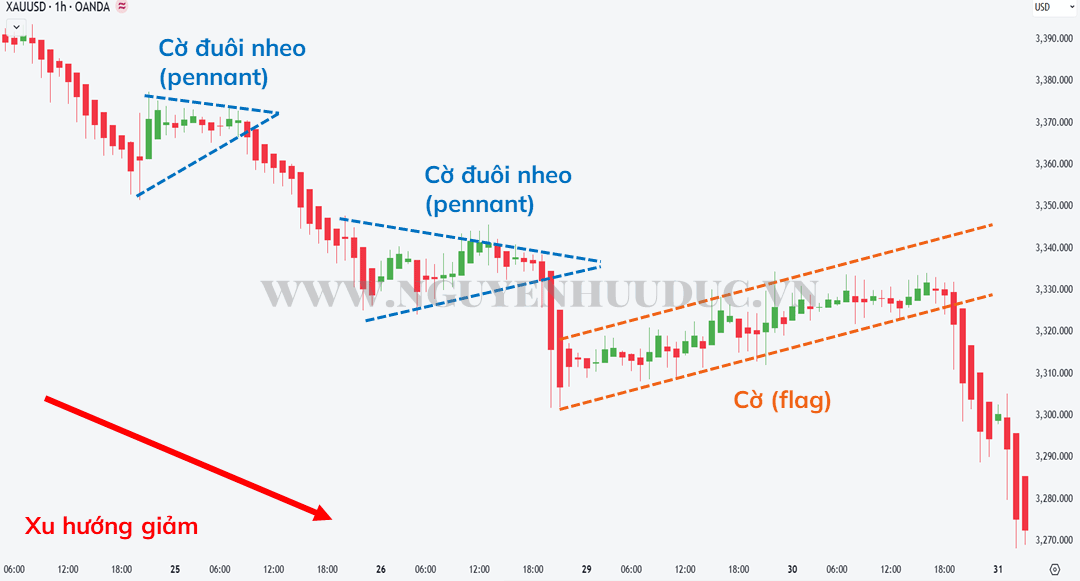 Biểu đồ Heiken Ashi với Mô hình Cờ (flag) và Cờ đuôi nheo (pennant)